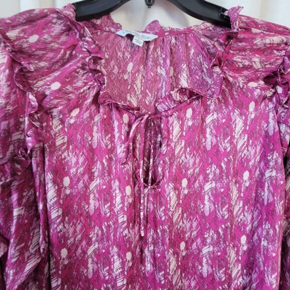 Vintage Ophelia Roe Large Feminine Blouse ruffled Tie Semi Sheer geometric Y2K - Picture 5 of 11
